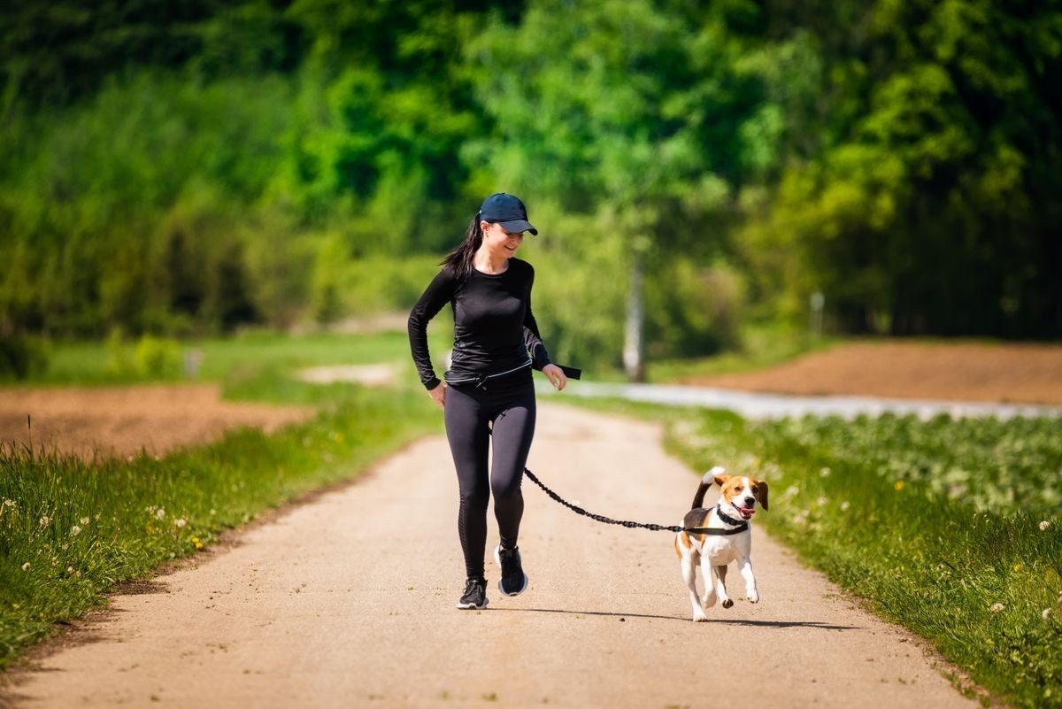 Sport girl is running with a dog (Beagle) on a leash in the spring time, sunny day on the rural road to forest. Copy space in nature